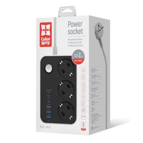 Мережевий фільтр живлення ColorWay CW-CHE36PDB, 3 розетки/ 3USB + 3TYPE-C 2M (CW-CHE36PDB)