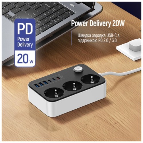 Мережевий фільтр живлення ColorWay CW-CHE36PDB, 3 розетки/ 3USB + 3TYPE-C 2M (CW-CHE36PDB)