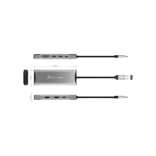 Концентратор J5create USB-C 9-in-1 2xUSB 3.2 + 2xUSB-C PD + 2xHDMI 4K + DisplayPort + SD/TF + RJ45 1000Mbps gray (JCD397-N)