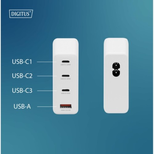 Зарядний пристрій Digitus 3xUSB-C + 1xUSB PD140W GaN white (DA-10305)
