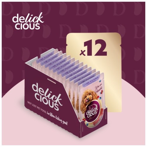 Вологий корм для собак Delickcious Пластівці з ягнятиною та лісовими ягодами у вершковому соусі 80 г (4820269141858)