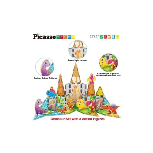 Конструктор Picasso магнітний Tiles Dinosaur Set з 8 фігурками динозаврів 38 деталей (817338028848)