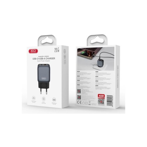 Зарядний пристрій XO L154 USB-C PD20W + USB-A QC3.0 Black (L154.black)