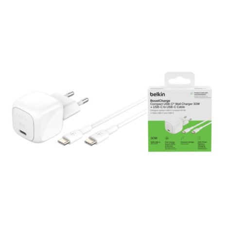Зарядний пристрій Belkin USB-C PD30W PPS + cable USB-C to USB-C 1.0m PVC white (WCA008KQ1MWH-B6)