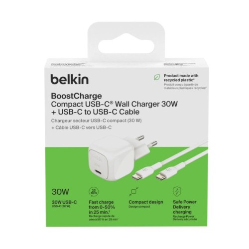 Зарядний пристрій Belkin USB-C PD30W PPS + cable USB-C to USB-C 1.0m PVC white (WCA008KQ1MWH-B6)
