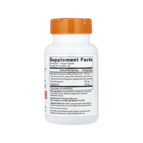 Вітамінно-мінеральний комплекс Doctor's Best Ресвератрол, 200 мг, Trans-Resveratrol 200, 60 вегетаріанських капсу (DRB-00211)