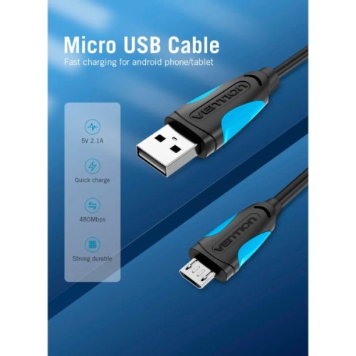 Дата кабель USB 2.0 AM to Micro 5P 0.5m Black Vention (VAS-A08-B050)