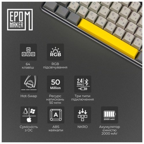 Клавіатура Epomaker EP64 60 Mulan Switch Hot-Swap RGB Wireless/Bluetooth/USB UA Black (EP64-B-M)