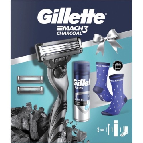 Набір косметики Gillette Станок Mach3 Charcoal з 2 змінними картриджами + Гель для гоління Series 200 мл + Шкарпетки (8006530039567)