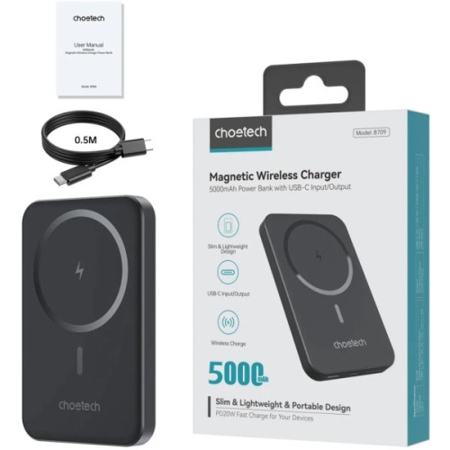 Батарея універсальна Choetech Magnetic Wireless 5000mAh, 20W, PD, Qi-15W, Black (B709-CCBK)