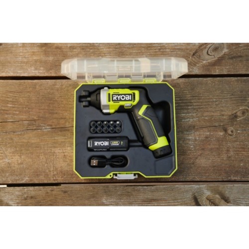 Викрутка акумуляторна Ryobi RSD4-120T 4В, USB, Lithium, 1х2Ah, 5Нм, 200об/хв, кейс, 10 насадок (5133006210)