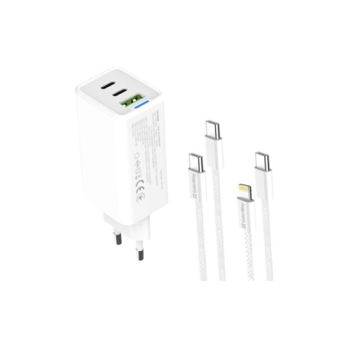 Зарядний пристрій ColorWay GaN Mini 65W PD Port PPS USB (USB-2C1A) cable Type-C&Lightning (CW-CHS058PDCL-WT)