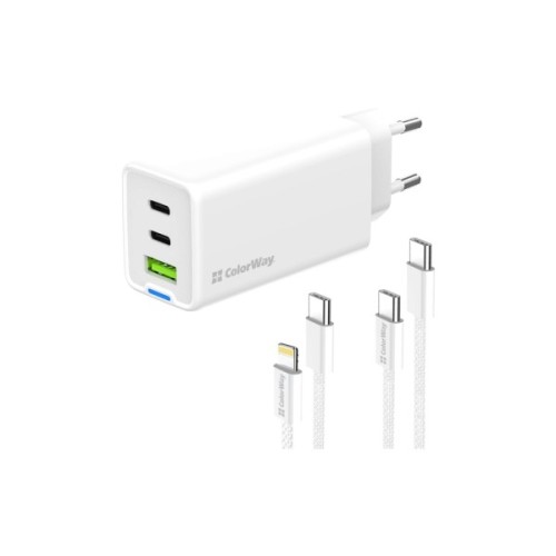 Зарядний пристрій ColorWay GaN Mini 65W PD Port PPS USB (USB-2C1A) cable Type-C&Lightning (CW-CHS058PDCL-WT)