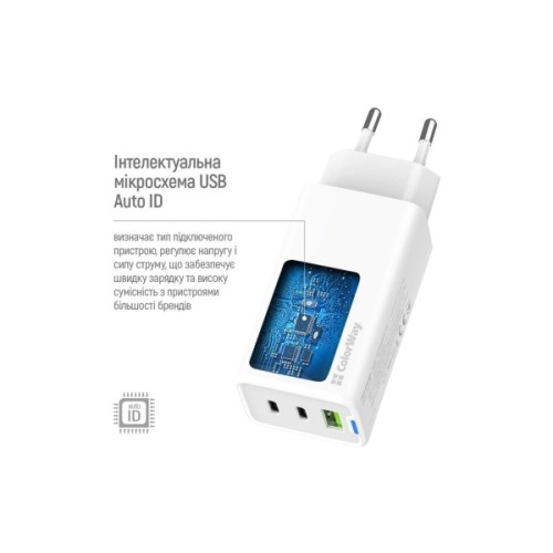 Зарядний пристрій ColorWay GaN Mini 65W PD Port PPS USB (USB-2C1A) cable Type-C&Lightning (CW-CHS058PDCL-WT)