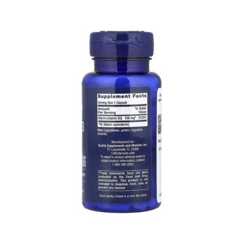 Вітамінно-мінеральний комплекс Life Extension Ніацин, Вітамін B3, 500 мг, Vitamin B3 Niacin, 100 капсул (LEX-37210)
