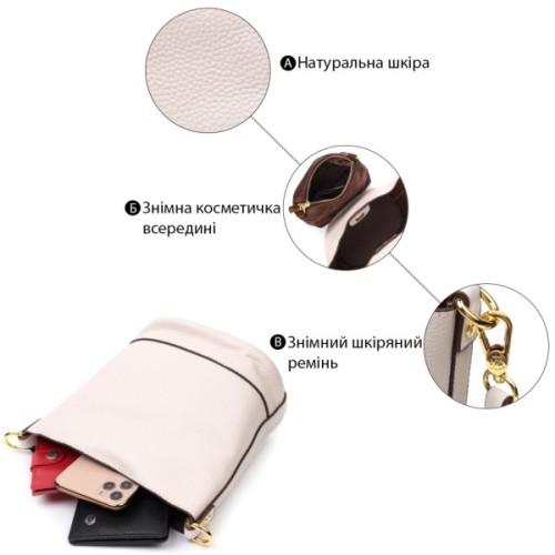 Сумка Vintage Компактна жіноча з автономною косметичкою всередині з натуральної шкіри Біла (22365)
