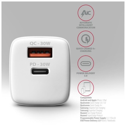 Зарядний пристрій AXAGON 1xUSB QC4.0 + 1xUSB-C PD30W PPS white (ACU-PQ30W)
