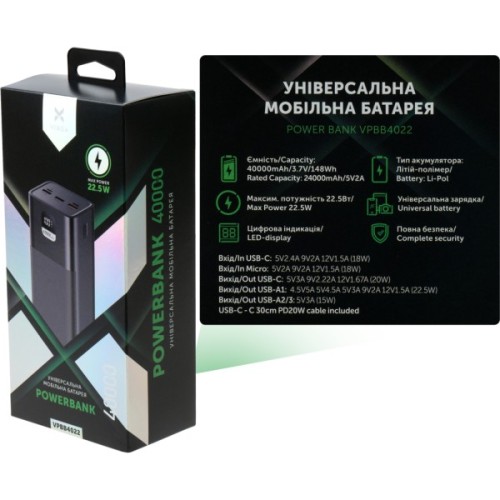 Батарея універсальна Vinga 40000 mAh 22.5W Display Black (VPBB4022)