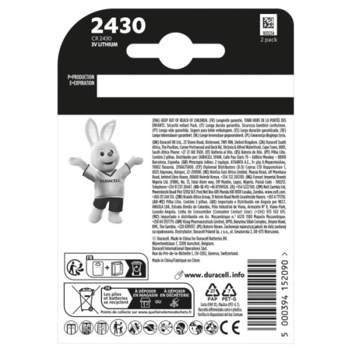 Батарейка CR 2430 спеціальна літієва типу таблетка 2430 3V, 2 шт. в упаковці Duracell (5012262)