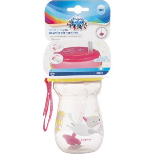 Поїльник-непроливайка Canpol babies зі складаною силікон. трубочкою 350 мл Котик Рожевий (56/521)