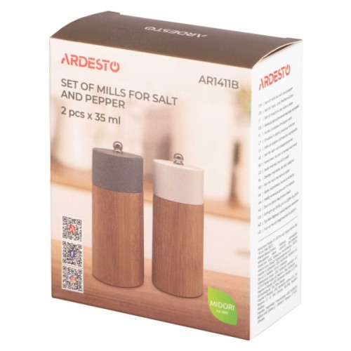 Млинок для спецій Ardesto Midori, Набір 2 шт х 35мл для солі та перцю сірий, білий (AR1411B)