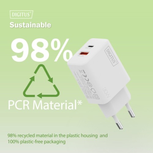 Зарядний пристрій Digitus 1xUSB-C + 1xUSB 30W GaN (DA-10301)