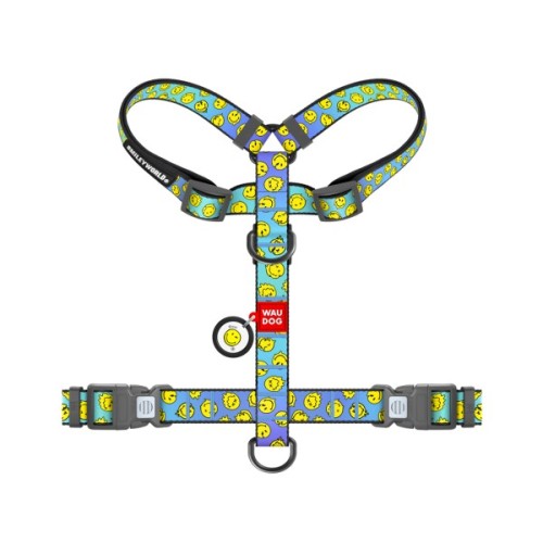 Шлея для собак WAUDOG Nylon анатомічна H-подібна з QR-паспортом "Смайли на блакитному" пластиковий фастекс, S (343-0182)