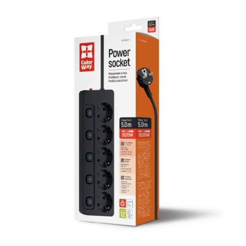 Мережевий фільтр живлення ColorWay CW-PSEA55SBK 5 розеток5м (CW-PSEA55SBK)