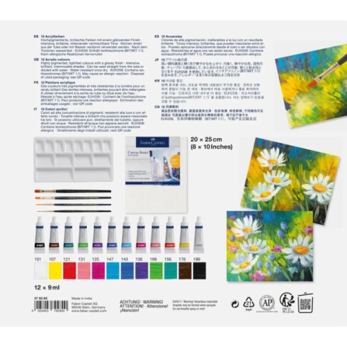 Акрилові фарби Faber-Castell Creative Studio, з 4 пензликами та полотном,12 туб х 9 мл, 12 кольорів (379280) (32662)
