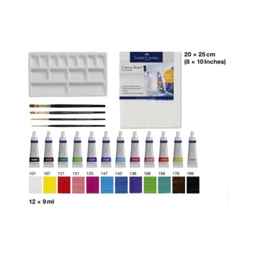 Акрилові фарби Faber-Castell Creative Studio, з 4 пензликами та полотном,12 туб х 9 мл, 12 кольорів (379280) (32662)