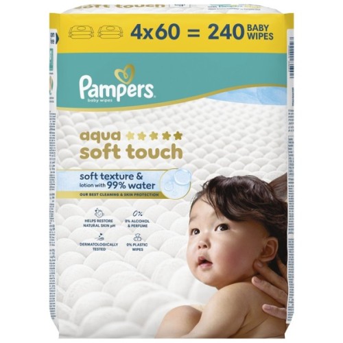 Дитячі вологі серветки Pampers Aqua Soft Touch 4 x 60 шт (240 шт) (8006530140027)
