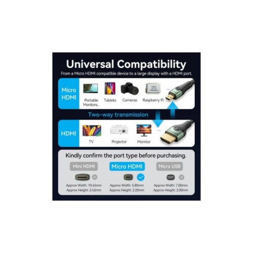 Кабель мультимедійний HDMI M to HDMI micro M 1.0m V2.0 8K 60Hz green Vention (AGKGF)