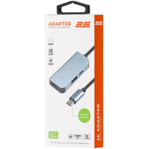 Концентратор 2E USB-C 4-in-1 1xUSB 3.0 + 1xUSB-C PD + HDMI 0.14m gray (2E-W2680)