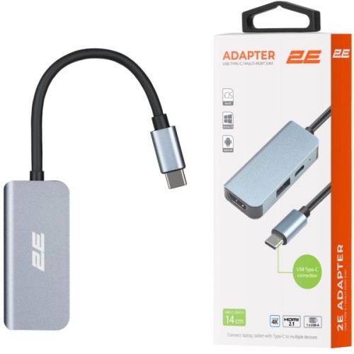 Концентратор 2E USB-C 4-in-1 1xUSB 3.0 + 1xUSB-C PD + HDMI 0.14m gray (2E-W2680)