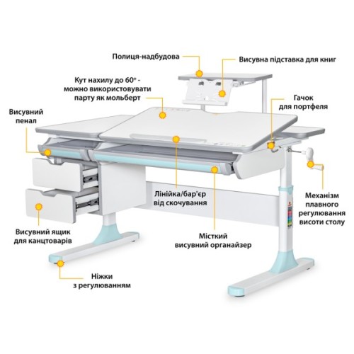 Парта Mealux Hamilton Multicolor Blue з полицею S-50 (BD-680 W/G MC +BL +S50 WG)
