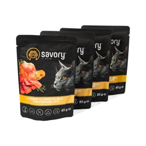 Вологий корм для кішок Savory Sterilised Cats with Turkey and Carrots in Jelly 3+1х85 г (2700000040522)