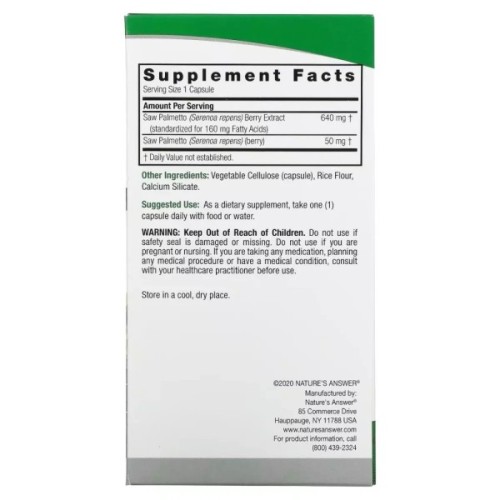 Трави Nature's Answer З Пальметто, 690 мг, Saw Palmetto, Standardized, 120 вегетаріанських до (NTA-16431)