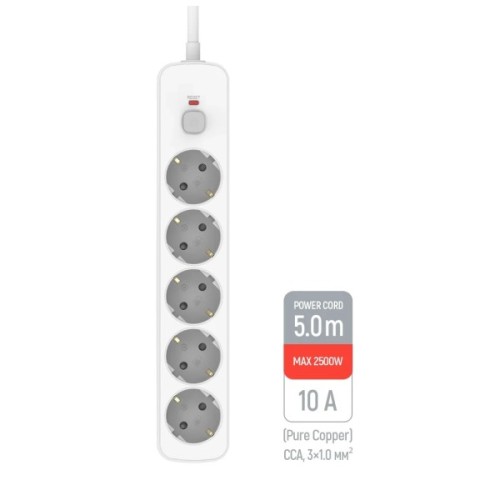 Мережевий фільтр живлення ColorWay CCA-3G1MM 5 розеток, 2m White (CW-PSEA1052W)