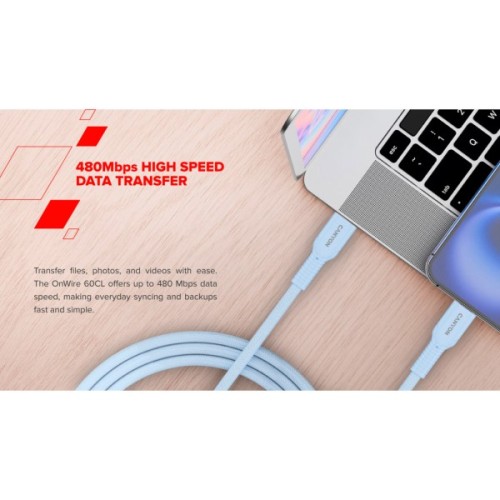 Дата кабель USB-C to USB-C 1.0m OnWire 60CL C-C 60W COLOR Braided 1m Light Blue Canyon (CND-CCAP60AB10LBL)