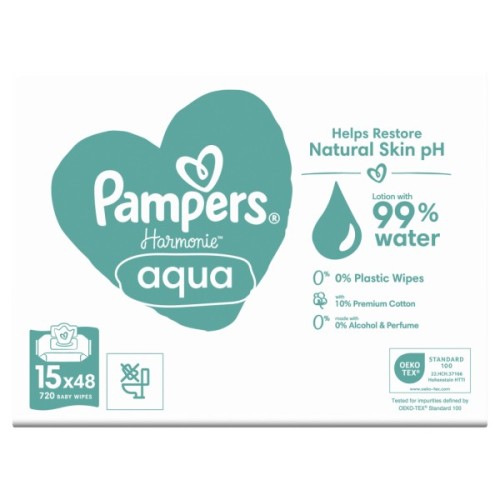 Дитячі вологі серветки Pampers Harmonie Aqua 15 пачок x 48 шт (8006540510247)