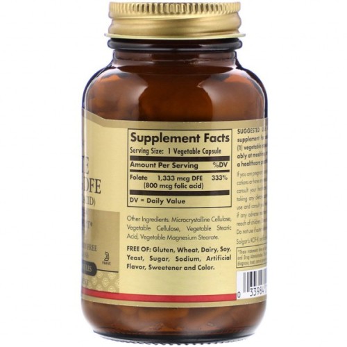 Вітамін Solgar Фолат (В9), Folic Acid, 800 мкг, 250 рослинних капсул (SOL-01101)