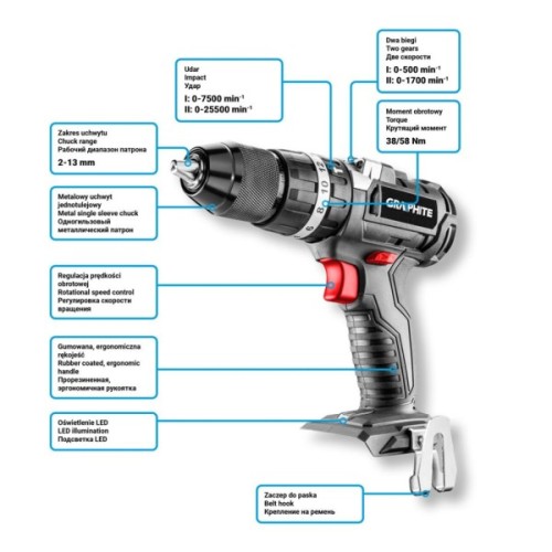 Шуруповерт Graphite Energy+ 18V безщітковий 58Нм, 3 шв., 0-500·0-1700об/хв (без АКБ та ЗП) (58G020)