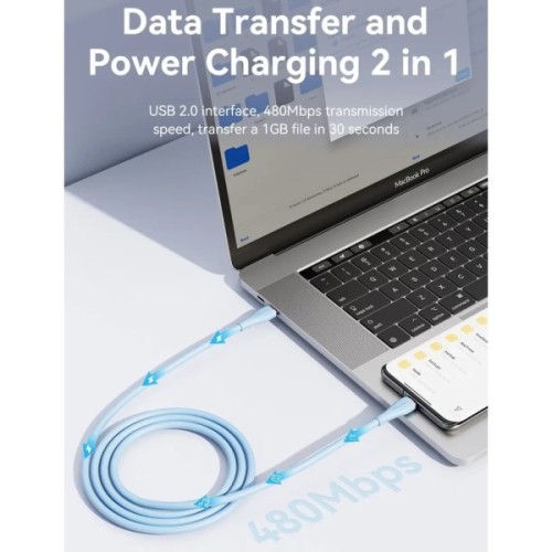 Дата кабель USB-C to USB-C 1.0m USB2.0 100W (20V/5A) Light Blue Silicone Vention (TAWSF)