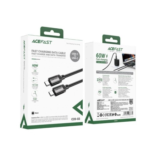 Дата кабель USB-C to USB-C 1.2m 3A aluminum alloy C20-03 Black Acefast (6974316283775)