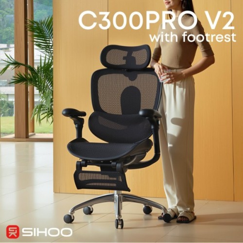 Офісне крісло Sihoo C300 PRO V2, Black, з підставкою для ног (C300-PRO-V2-B101-JT)