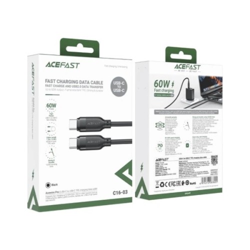 Дата кабель USB-C to USB-C 1.2m 60W TPU black Acefast (6974316283805)