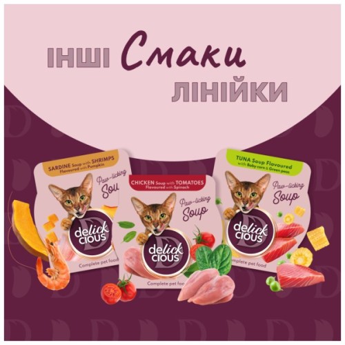 Вологий корм для кішок Delickcious Суп з курки з шинкою та додаванням шпинату 80 г (4820269141599)