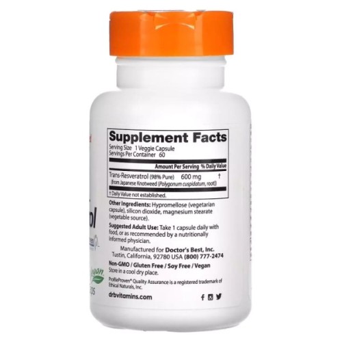 Антиоксидант Doctor's Best Ресвератрол, 600 мг, High Potency Trans-Resveratrol 600, 60 вегетаріанські (DRB-00416)