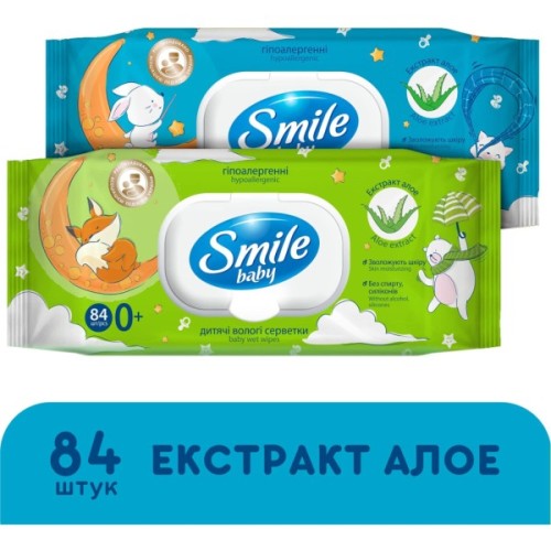 Дитячі вологі серветки Smile baby з алоє, з клапаном, 84 шт (4823071646863)