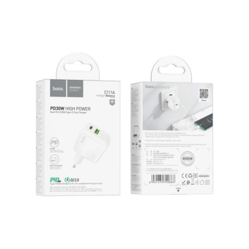 Зарядний пристрій HOCO C111A Lucky 1xUSB-C PD30W + 1xUSB QC3.0 White (6931474790866)